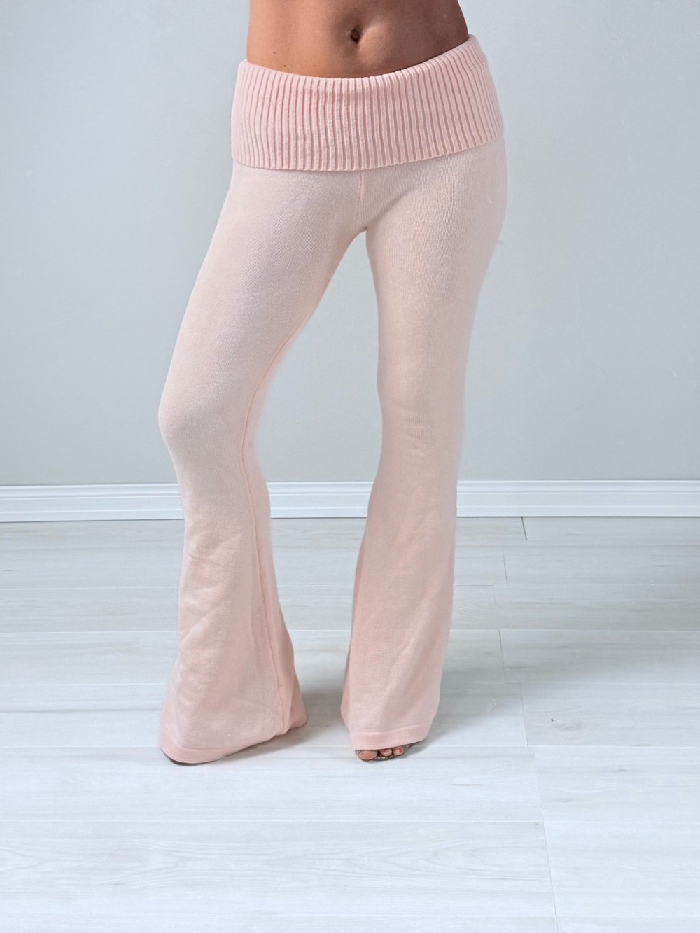 Edikted Blush Pink Foldover Waist Knit Flare Leggings